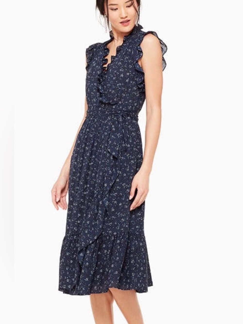 Kate Spade Navy Floral Ruffle Midi Dress